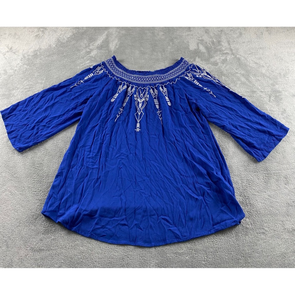 Terre Bleue Womens Royal Blue Embroidered Peasant Blouse Boho Smocked Top Small